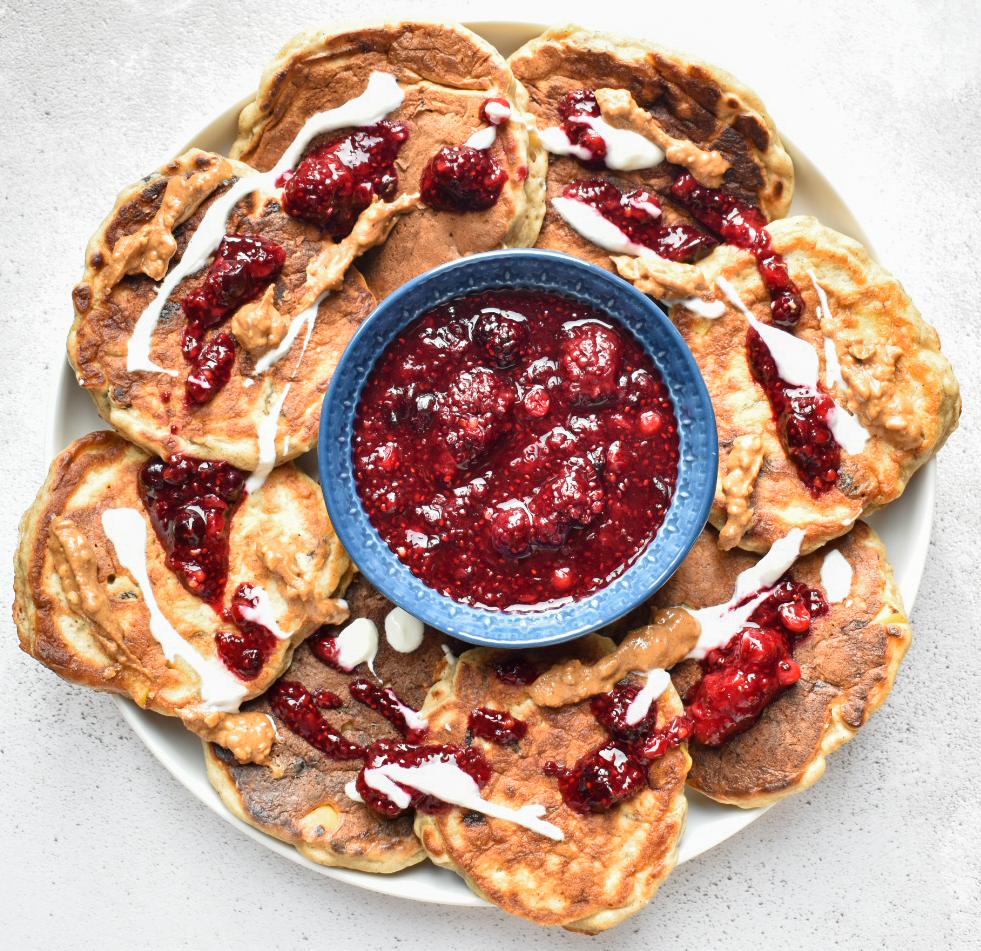 Apple & Raisin Pancakes with Berry Compote